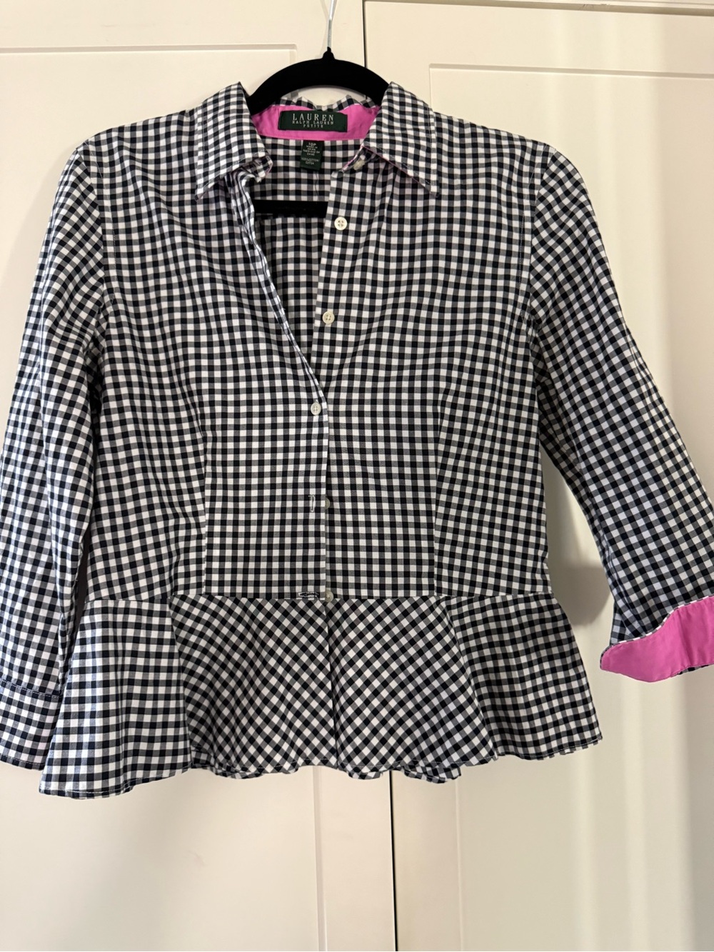 Lauren Ralph Lauren Black & White Gingham Peplum Top with Pink Trim